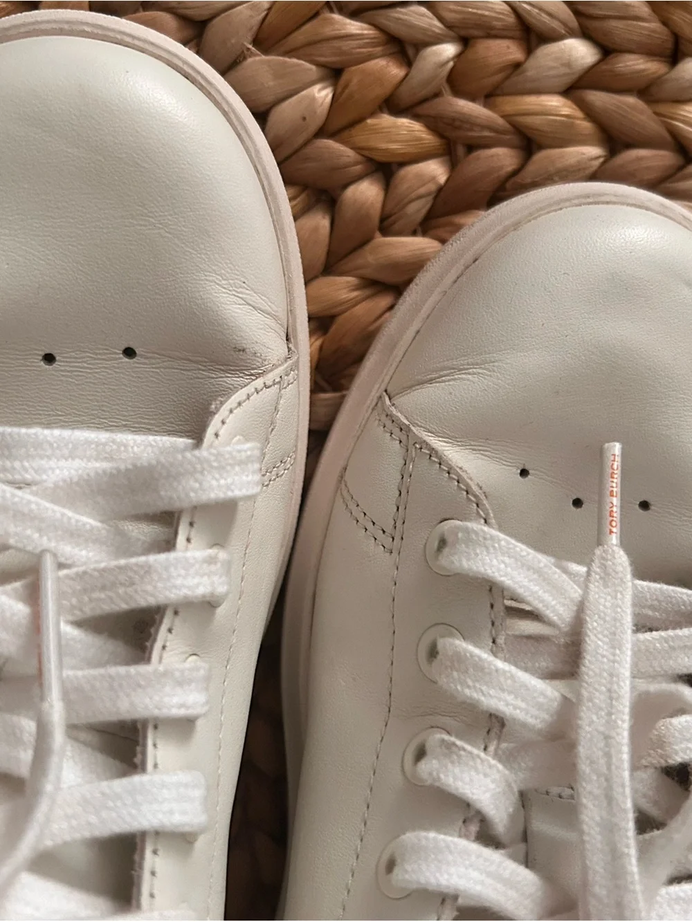 Tory Burch White Leather Lace-Up Sneakers with Orange Heel Trim